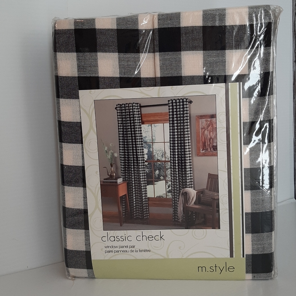 M.Style Classic Check Window Panel (Pair) 45"W x 84"L Midnight black